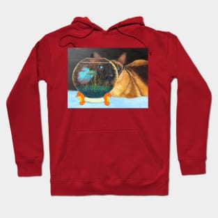 Siamese Cat Looking Through a Fishbowl at a Betta Fish. Hoodie